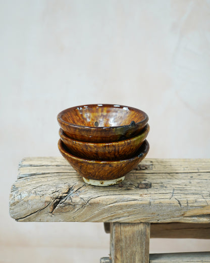 Vintage Tamegroute Set of 3 Golden Ochre Glazed Trinket Bowls
