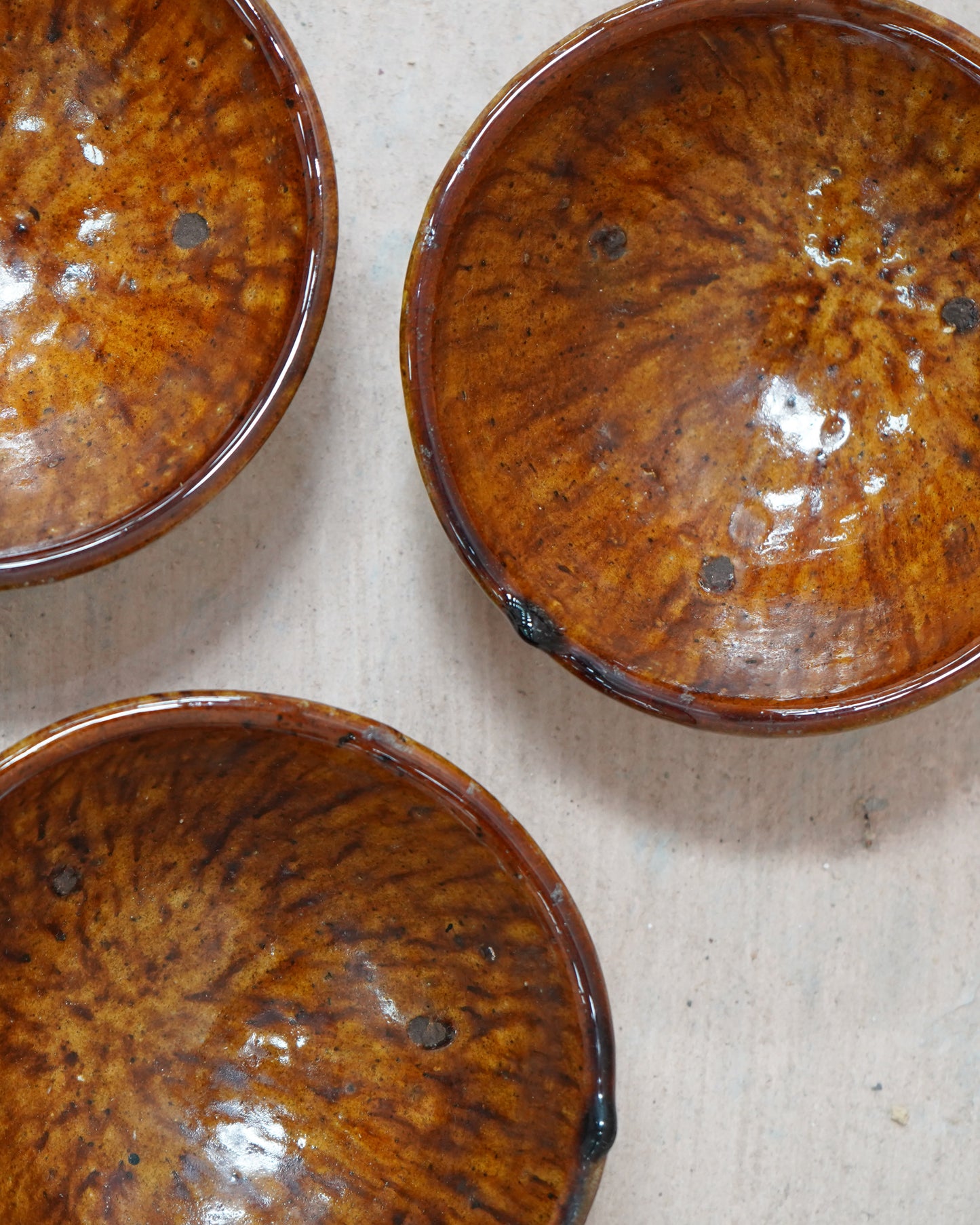 Vintage Tamegroute Set of 3 Golden Ochre Glazed Trinket Bowls