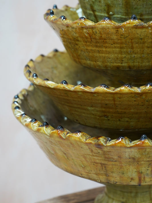 Vintage Tamegroute Ochre Jagged Edge Pedestal Fruit Bowl